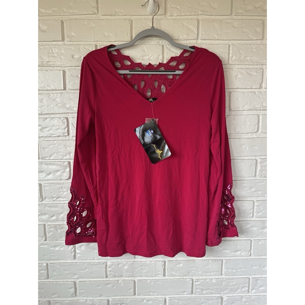 JOAN BOYCE HSN Pink Top Blouse M Womens Sequin‎ Cut Outs Y2K